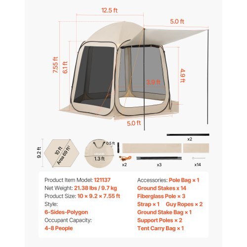 Screen House Tent, 10 x 9.2 ft, 4-8 Person Pop Up Screen Tent with Extended Awning, Portable Screened in Canopy with Carry Bag, Netting Sides, for Patio, Backyard, and Outdoor Activities, Beige