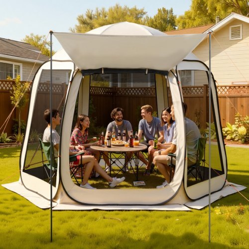 Screen House Tent, 10 x 9.2 ft, 4-8 Person Pop Up Screen Tent with Extended Awning, Portable Screened in Canopy with Carry Bag, Netting Sides, for Patio, Backyard, and Outdoor Activities, Beige