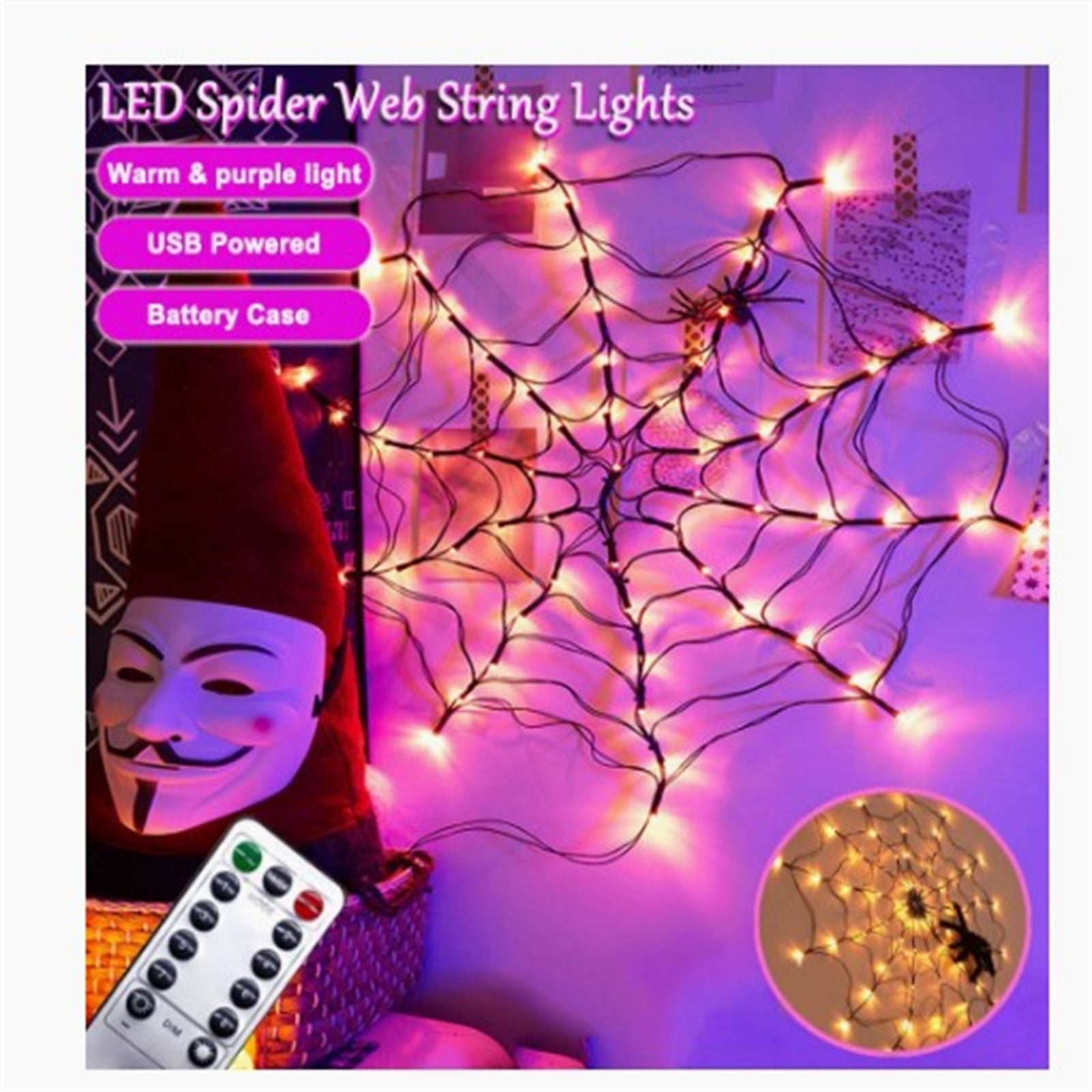 Halloween Led Cobweb Decorative Lamp 8 Modes String Lights with Remote Control Orange light