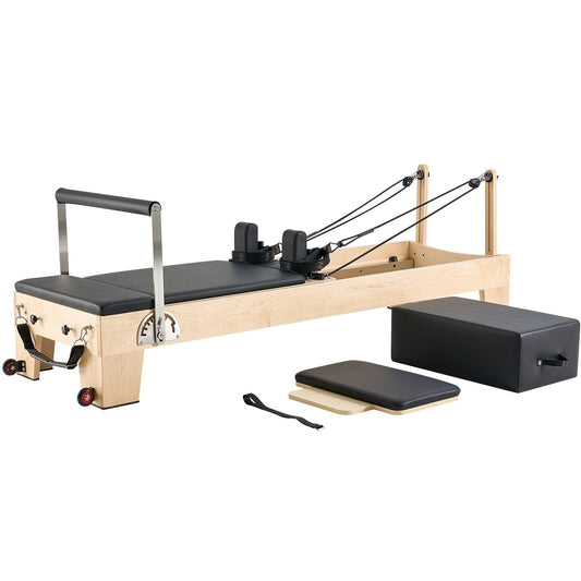 Pilates Reformer Machine, Wooden Pilates Workout Equipment for Home Gym Studio Use, Pilates Bed with Dual Resistance- Spring & Cord, Reformer Set with Sitting Box, Up to 400 LBS - American Smart