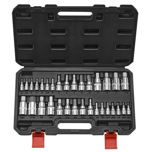 Hex Bit Socket Set, 32-Piece, S2 Alloy Steel and Cr-V Steel, Standard SAE and Metric, 1/4 in, 3/8 in, and 1/2 in Drives, with Enhanced Storage Case, Allen Socket Set for Mechanics, Auto Repair - American Smart