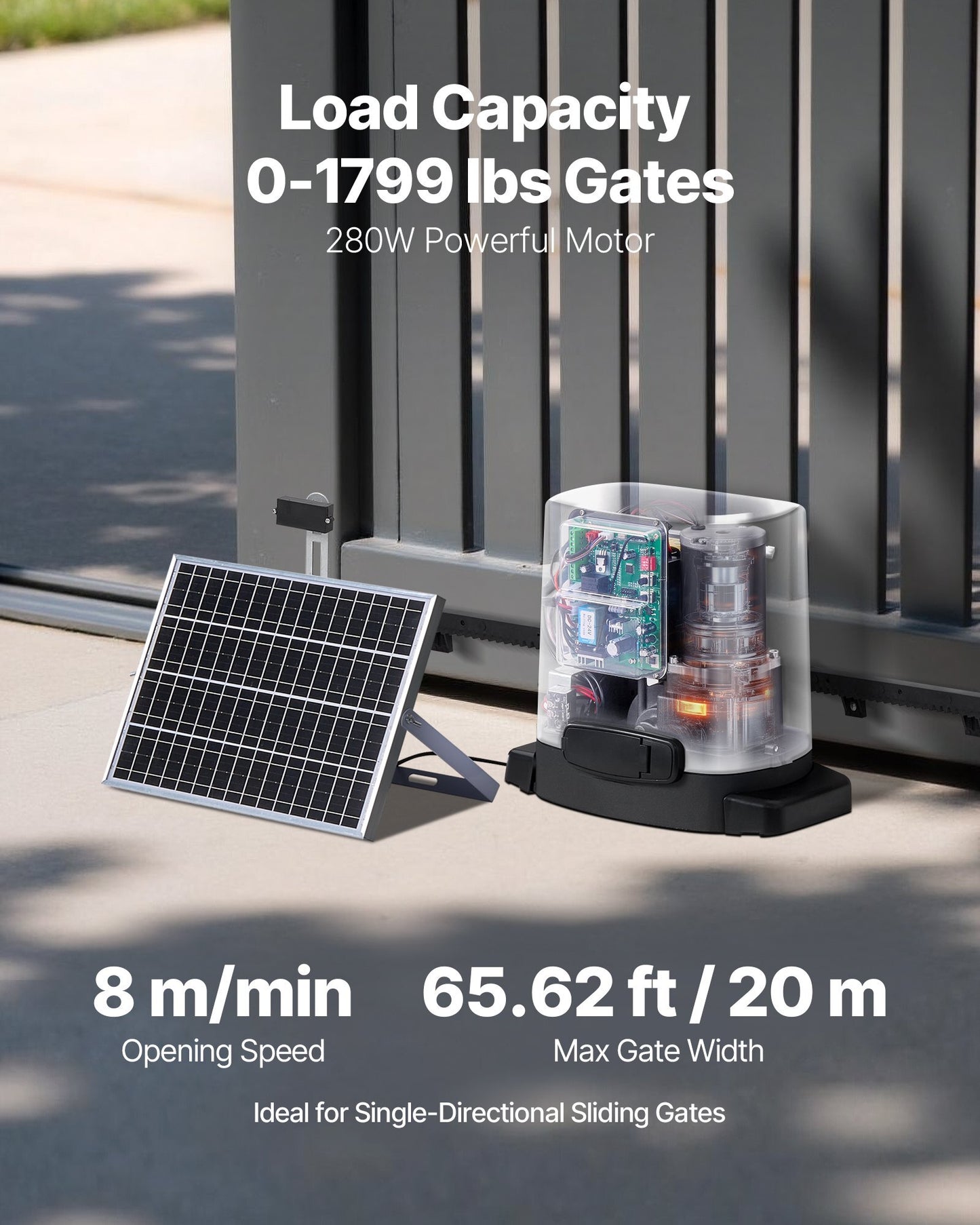 Solar Sliding Gate Opener, 280W Electric Gate Opener for Doors up to 65.6ft 1799lbs, Gear Track Rolling Fence Door Motor with Infrared Sensor & 2 Remote Controls, Driveway Gates Opening System