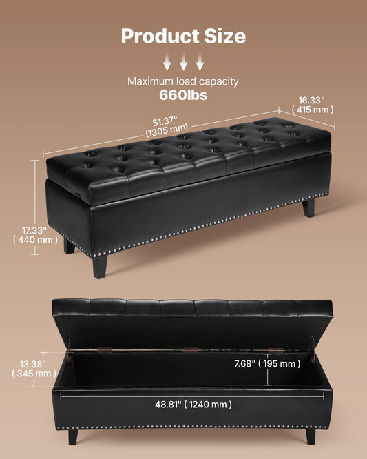 Button-Tufted Storage Ottoman Bench, PU Leather Bench with Storage and Solid Wood Legs, Modern Shoe Benches Seat for Entryway, Upholstered End of Bed Benches for Living Room, Dining Room, Black