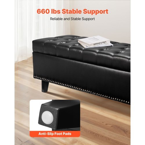 Button-Tufted Storage Ottoman Bench, PU Leather Bench with Storage and Solid Wood Legs, Modern Shoe Benches Seat for Entryway, Upholstered End of Bed Benches for Living Room, Dining Room, Black