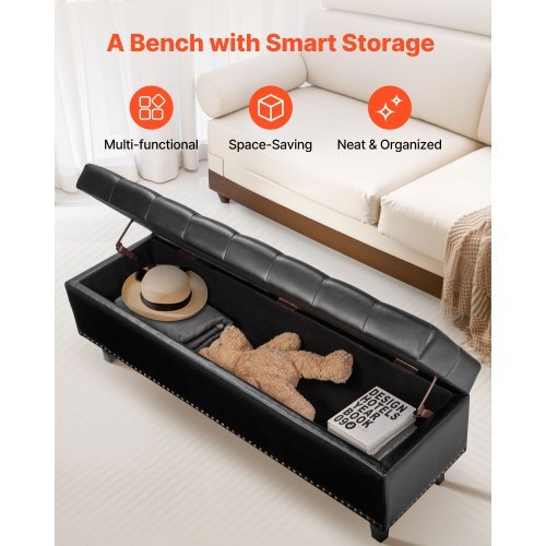 Button-Tufted Storage Ottoman Bench, PU Leather Bench with Storage and Solid Wood Legs, Modern Shoe Benches Seat for Entryway, Upholstered End of Bed Benches for Living Room, Dining Room, Black