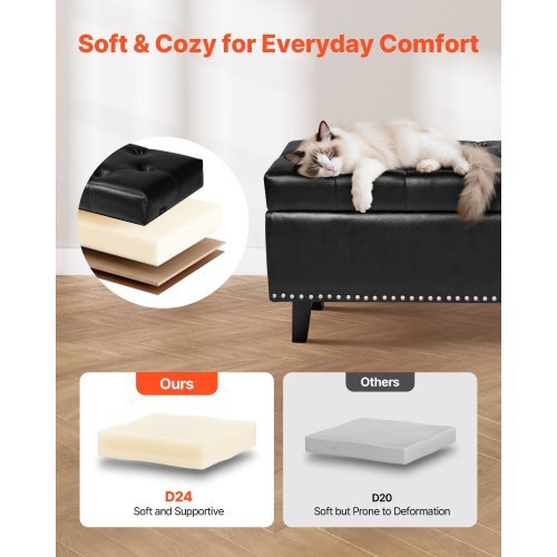 Button-Tufted Storage Ottoman Bench, PU Leather Bench with Storage and Solid Wood Legs, Modern Shoe Benches Seat for Entryway, Upholstered End of Bed Benches for Living Room, Dining Room, Black