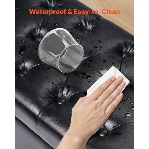 Button-Tufted Storage Ottoman Bench, PU Leather Bench with Storage and Solid Wood Legs, Modern Shoe Benches Seat for Entryway, Upholstered End of Bed Benches for Living Room, Dining Room, Black