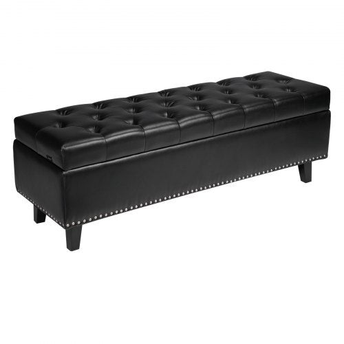 Button-Tufted Storage Ottoman Bench, PU Leather Bench with Storage and Solid Wood Legs, Modern Shoe Benches Seat for Entryway, Upholstered End of Bed Benches for Living Room, Dining Room, Black