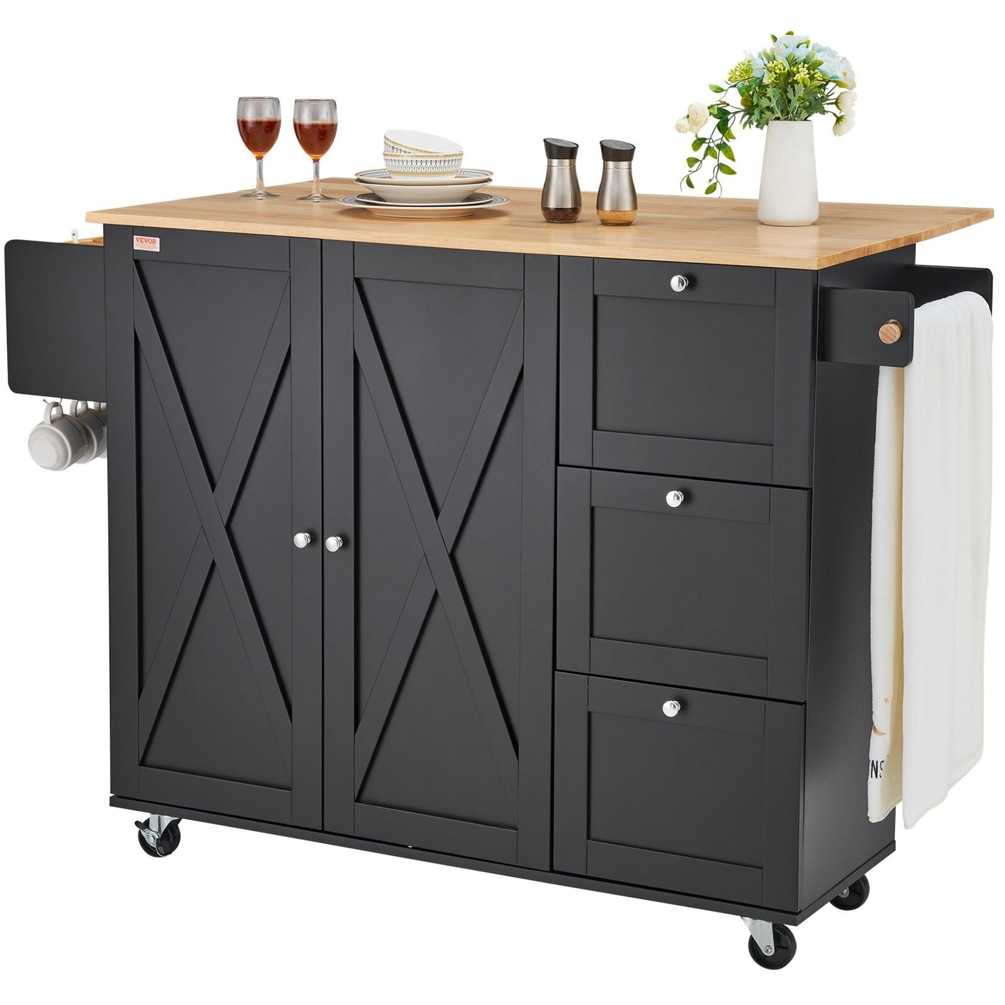 Kitchen Island Cart, 56" Wood Top Mobile Carts with Storage Cabinet, Rolling Table with Drop Leaf, Spice Rack, Towel Bar, Adjustable Shelf, Drawer, and Hooks, Portable Islands on Wheels, Black - American Smart