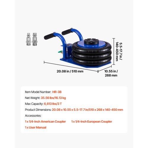 Air Jack, 3 Ton/6613 lbs Triple Bag Air Jack, Airbag with Six Steel Pipes, Lift Up to 17.7 inch/450 mm, 1-6 s Fast Lifting Pneumatic with Short Handles for Car, SUV, Pickup Truck Repair, Garage - American Smart