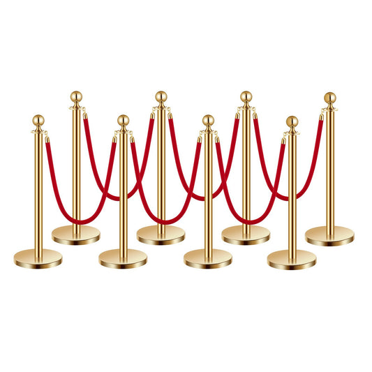 Stanchions and Velvet Ropes 8Pcs, Hollow Base with Stainless Steel Post, 6 Red Velvet Ropes and Posts, Crowd Control Barriers Gold Stanchions, Red Carpet Runner Poles for Party Supplies - American Smart