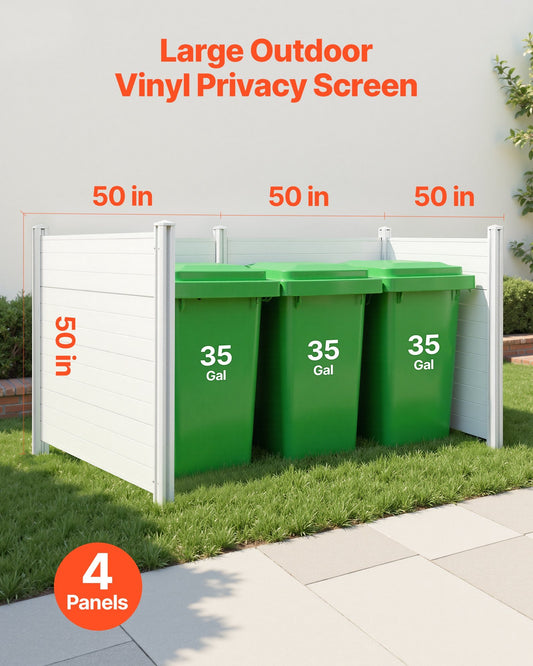 4 Panels Outdoor Privacy Screen, 50 x 50 in Air Conditioner Fence with 27.6 in Ground Stakes, Pool Equipment Enclosure, Horizontal Vinyl Privacy Fence, Ideal for Trash Can and A/C Units, White - American Smart