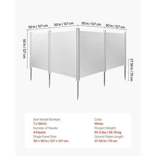4 Panels Outdoor Privacy Screen, 50 x 50 in Air Conditioner Fence with 27.6 in Ground Stakes, Pool Equipment Enclosure, Horizontal Vinyl Privacy Fence, Ideal for Trash Can and A/C Units, White - American Smart