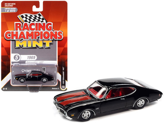 1969 Oldsmobile 442 Black with Red Stripes and Red Interior "Racing Champions Mint 2022" Release 2 Limited Edition to 8572 pieces Worldwide 1/64 Diecast Model Car by Racing Champions-0