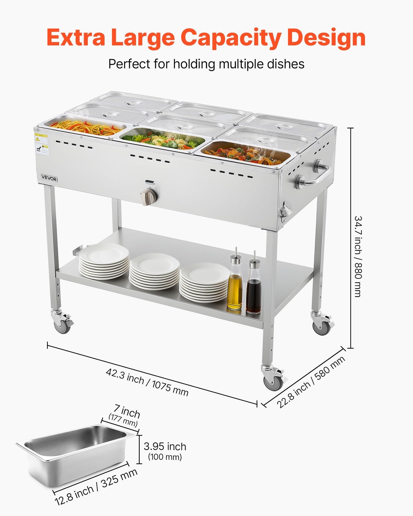 9-Pan Commercial Propane Steam Table, LP Gas Outdoor Soup Warmer with Drain Valve and 3" Wheels, Stainless Steel Propane Food Warmer with Adjustable Temperature, for Restaurant Outdoor Camping - American Smart