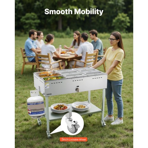 9-Pan Commercial Propane Steam Table, LP Gas Outdoor Soup Warmer with Drain Valve and 3" Wheels, Stainless Steel Propane Food Warmer with Adjustable Temperature, for Restaurant Outdoor Camping - American Smart