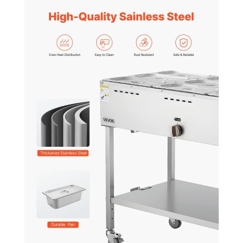 9-Pan Commercial Propane Steam Table, LP Gas Outdoor Soup Warmer with Drain Valve and 3" Wheels, Stainless Steel Propane Food Warmer with Adjustable Temperature, for Restaurant Outdoor Camping - American Smart