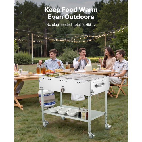 9-Pan Commercial Propane Steam Table, LP Gas Outdoor Soup Warmer with Drain Valve and 3" Wheels, Stainless Steel Propane Food Warmer with Adjustable Temperature, for Restaurant Outdoor Camping - American Smart