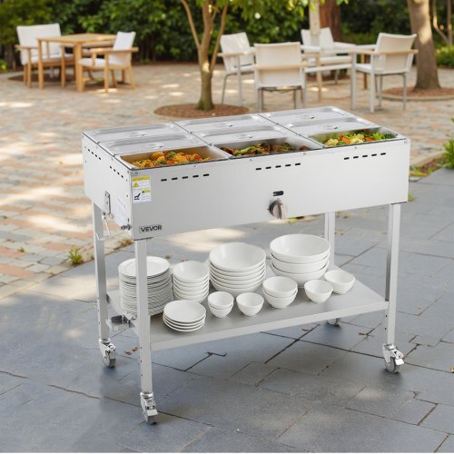 9-Pan Commercial Propane Steam Table, LP Gas Outdoor Soup Warmer with Drain Valve and 3" Wheels, Stainless Steel Propane Food Warmer with Adjustable Temperature, for Restaurant Outdoor Camping - American Smart