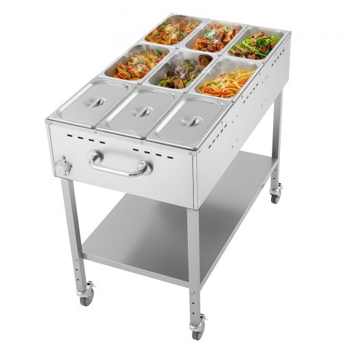 9-Pan Commercial Propane Steam Table, LP Gas Outdoor Soup Warmer with Drain Valve and 3" Wheels, Stainless Steel Propane Food Warmer with Adjustable Temperature, for Restaurant Outdoor Camping - American Smart
