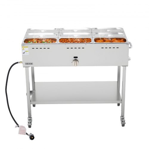 9-Pan Commercial Propane Steam Table, LP Gas Outdoor Soup Warmer with Drain Valve and 3" Wheels, Stainless Steel Propane Food Warmer with Adjustable Temperature, for Restaurant Outdoor Camping - American Smart