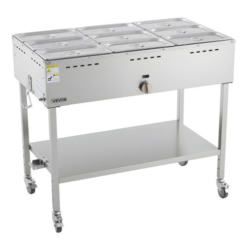 9-Pan Commercial Propane Steam Table, LP Gas Outdoor Soup Warmer with Drain Valve and 3" Wheels, Stainless Steel Propane Food Warmer with Adjustable Temperature, for Restaurant Outdoor Camping - American Smart