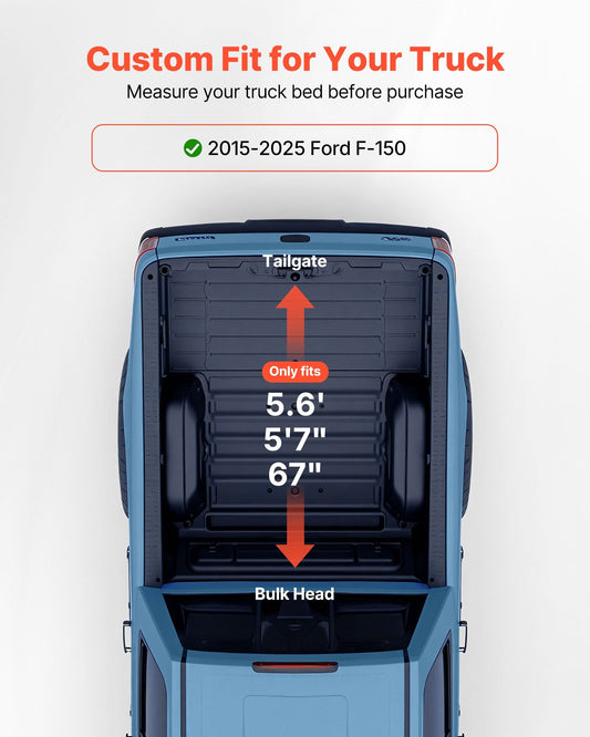 Soft Roll-Up Truck Bed Tonneau Cover, Compatible with 2015-2025 Ford F-150, Fits 5.6 ft (5 ft 7 in/67 in) Bed, Triple-Layer Heavy-Duty PVC Tonneau Cover with Three Aluminum Alloy Support Bars
