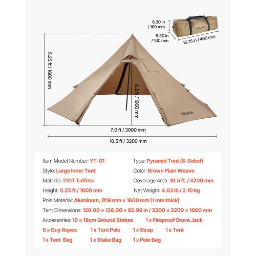Hot Tent for 2 Persons, Portable Winter Tipi Tent with Stove Jack, Waterproof Canvas Camping Tents,? Lightweight 4 Season Shelter Tents for Hiking Fishing Backpacking, S Size