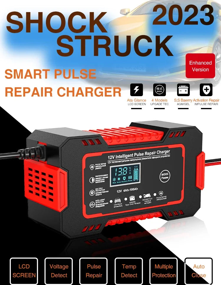 12V 6A Full Automatic Car Battery Charger Power Pulse Repair Chargers Wet Dry Lead Acid Battery Chargers Digital LCD Display