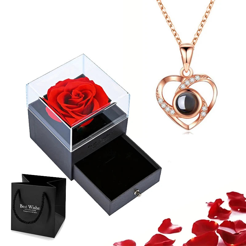 Projection Necklace Set With Rose Gift Box 100 Languages I Love You Heart Pendant Jewelry 2023 Hot Sale Accessories Dropshipping