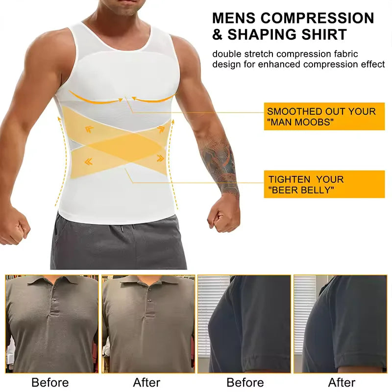 Men's Shapewear Tank Top Gynomastica Sleeveless Vest Cross Mesh SuitCompression Shirt for Men Slimming Undershirt Tummy Control Body Shaper Breathable Waist Trainer Underwear Soft Back Support Fitness
