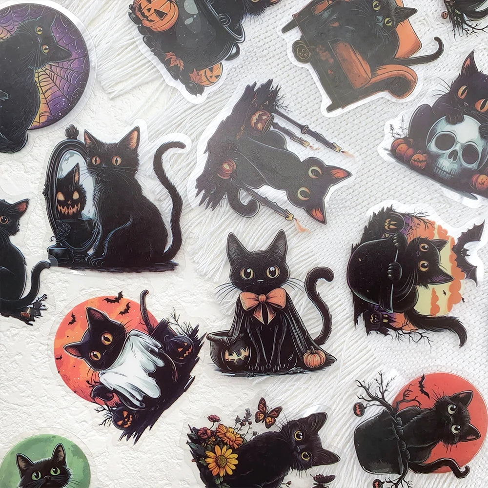 50pcs Halloween Black Cat PET Stickers Decals For Laptop Wall Suitcase Skateboard DIY Aesthetic Stickers Creative Festival Gifts