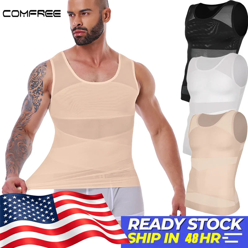 Men's Shapewear Tank Top Gynomastica Sleeveless Vest Cross Mesh SuitCompression Shirt for Men Slimming Undershirt Tummy Control Body Shaper Breathable Waist Trainer Underwear Soft Back Support Fitness