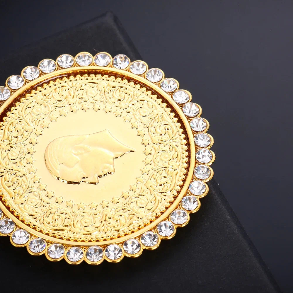 Never Faded Big Size Turkey Coin Pendant & Necklaces with AAA Crystal for Women Gold Color Turkish Coins Jewelry Ethnic Gifts