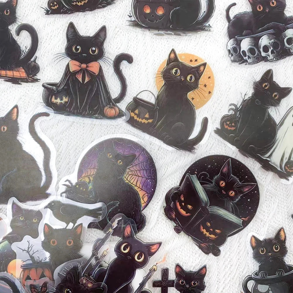 50pcs Halloween Black Cat PET Stickers Decals For Laptop Wall Suitcase Skateboard DIY Aesthetic Stickers Creative Festival Gifts