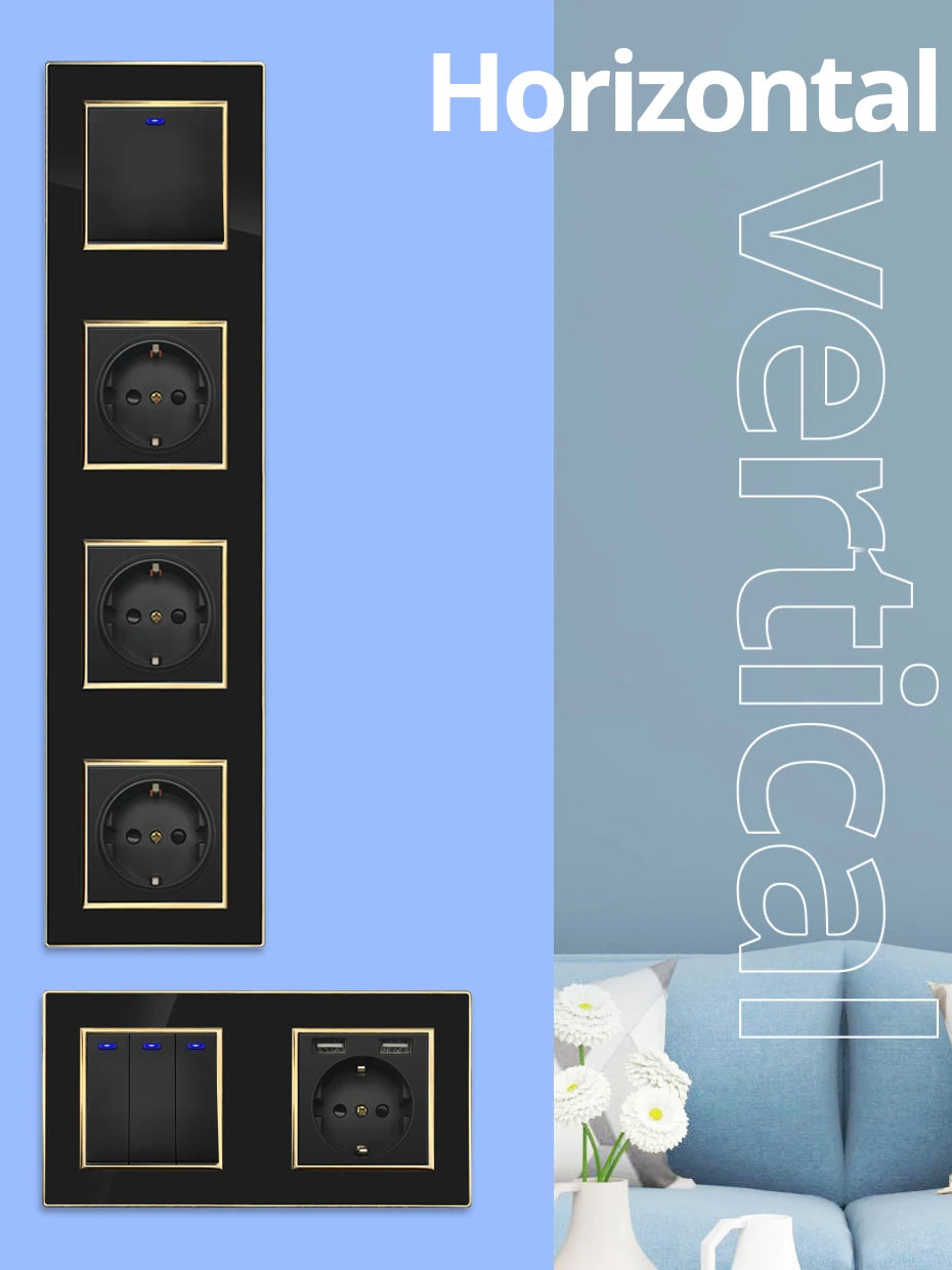 Wallpad Black DIY Module Acrylic Panel With Gold Border Wall Power Socket Electrical Outlet S6 Function Key Free Combination