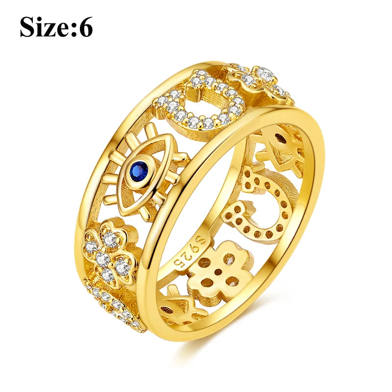 MULA Wedding Band Rings for Women Man 925 Sterling Silver Evil Eye Hand Celtic Knot Four-Leaf Clover Ring Stackable Jewelry Gift