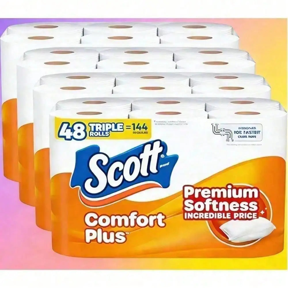 Scott ComfortPlus Toilet Paper, Thickened Family Large Capacity Pack. Available in 12/36/48 rolls, with double-ply & single-ply options. 12 double rolls equal to 24 regular rolls, 231 soft absorbent sheets per roll. Septic &