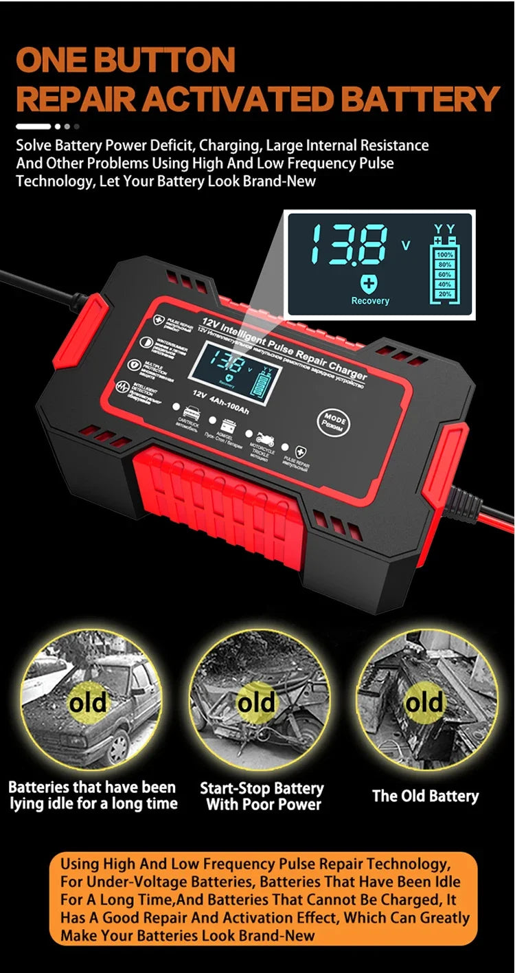 12V 6A Full Automatic Car Battery Charger Power Pulse Repair Chargers Wet Dry Lead Acid Battery Chargers Digital LCD Display