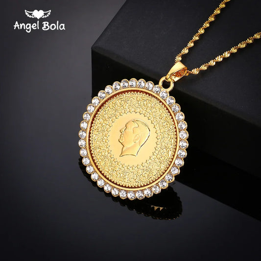 Never Faded Big Size Turkey Coin Pendant & Necklaces with AAA Crystal for Women Gold Color Turkish Coins Jewelry Ethnic Gifts
