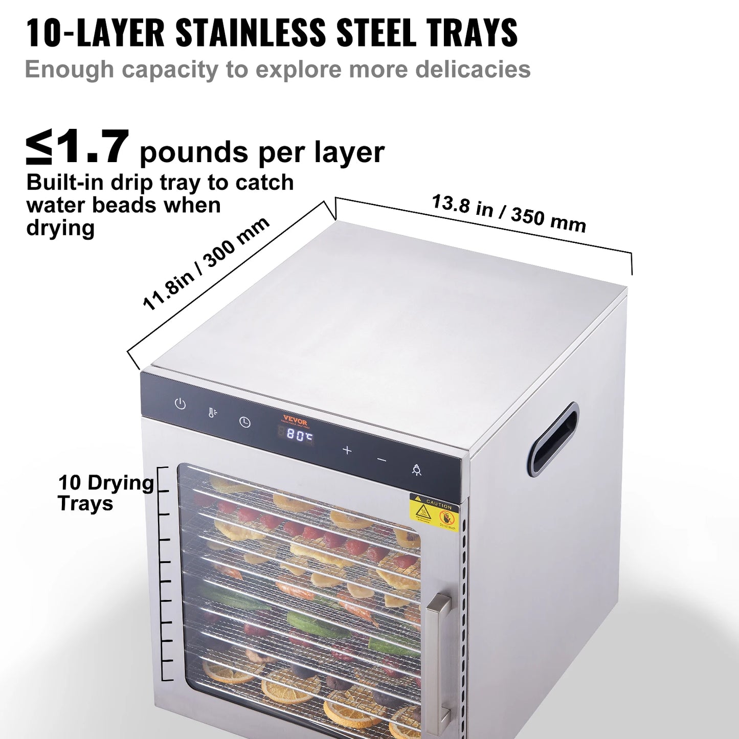 VEVOR Electric Food Dehydrator Machine, 800/1000W Electric Food Dryer, 10 Stainless Steel Trays, with Digital Adjustable Timer