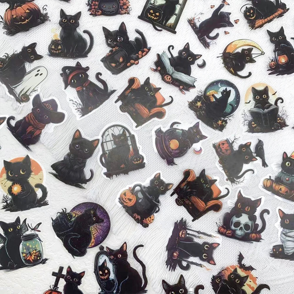 50pcs Halloween Black Cat PET Stickers Decals For Laptop Wall Suitcase Skateboard DIY Aesthetic Stickers Creative Festival Gifts