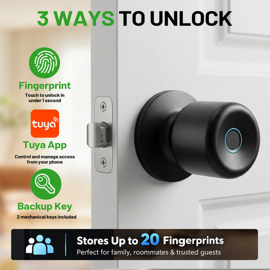 YFK Smart Door Lock Knob Fingerprint Unlock Keyless Entry Tuya App Control Matte Black Front Door Bedroom Home Security
