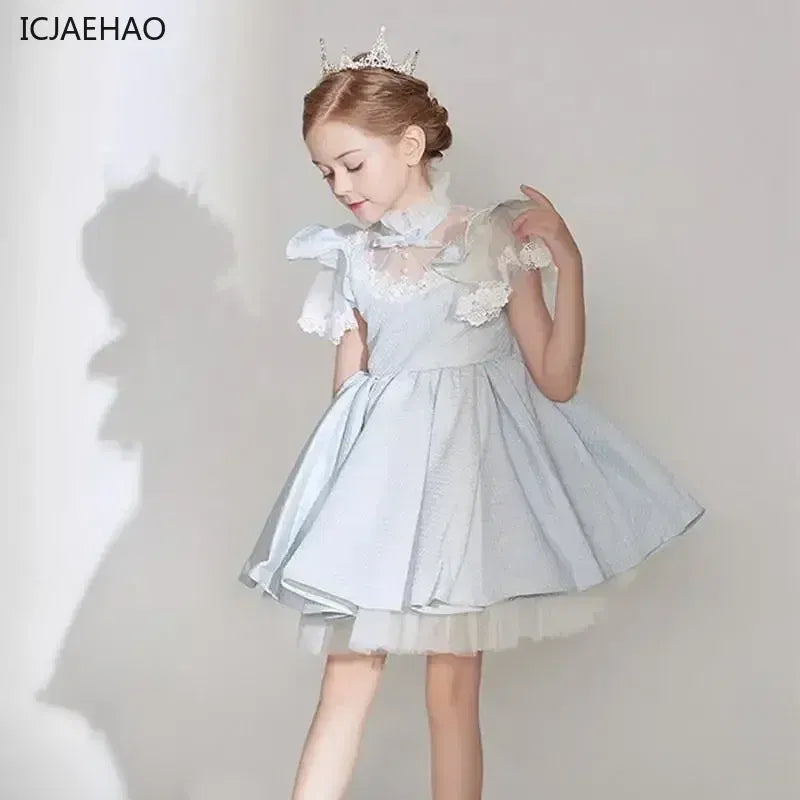 Kid Size: 12T, Color: Brown - 2025 Children Teen Girl Dresses Solid Lace Vestidos Prom Piano Performance Birthday Party Host Girls Costumes Baby Dress for Eid