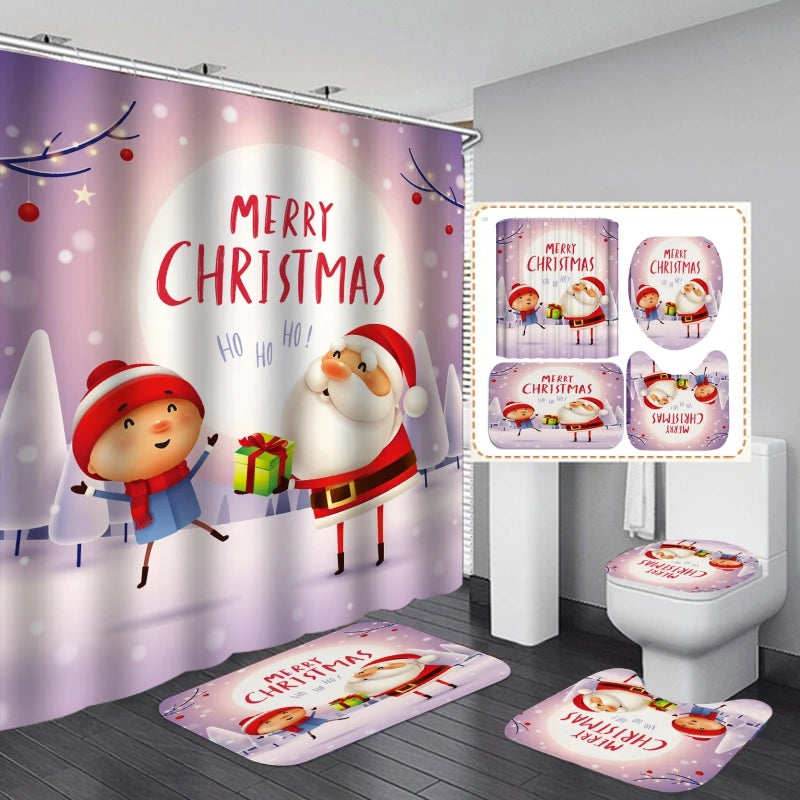 4PCS Bathroom Shower Curtain Set Christmas Snowman Santa Claus Printed Waterproof Shower Curtain Toilet Cover Mat Non Slip Rugs