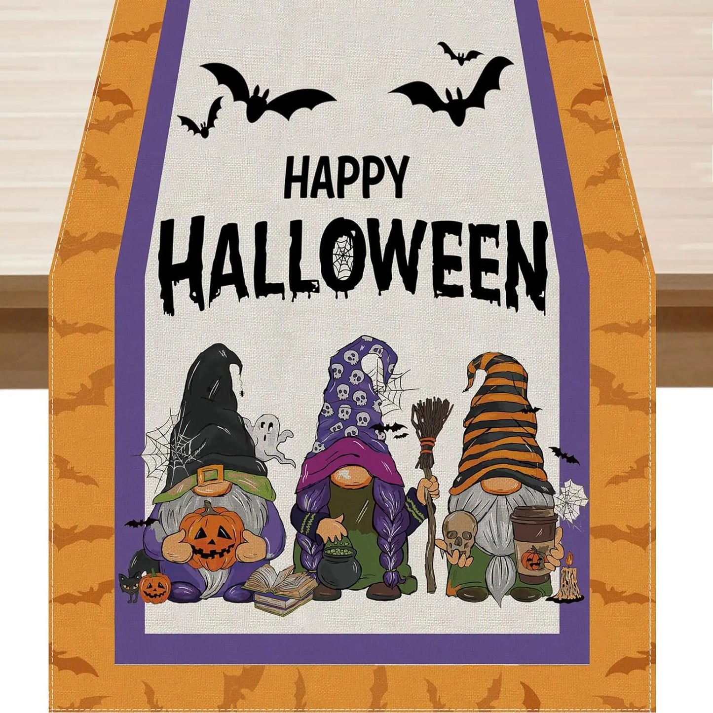 Halloween Gnome Pumpkin Linen Table Runners Black Cat Castle in Purple Spooky Nights Holiday Party Kitchen Dining Table Decor