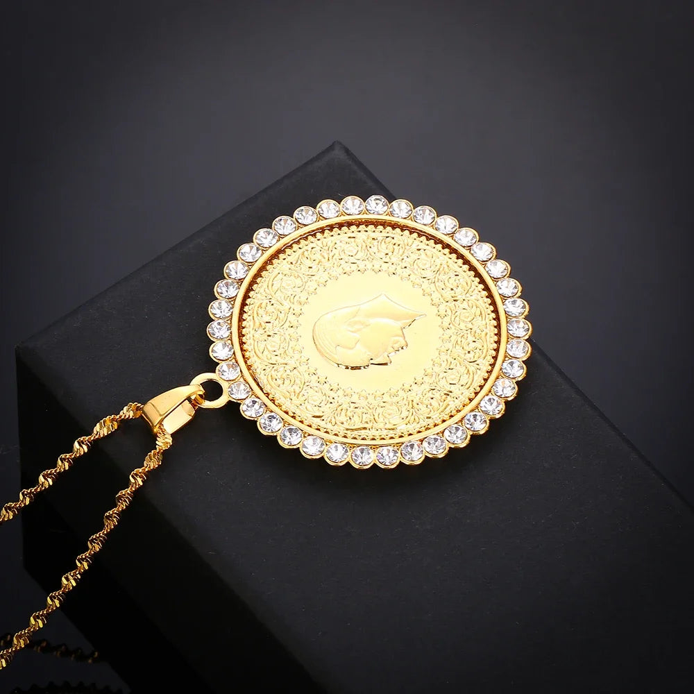Never Faded Big Size Turkey Coin Pendant & Necklaces with AAA Crystal for Women Gold Color Turkish Coins Jewelry Ethnic Gifts