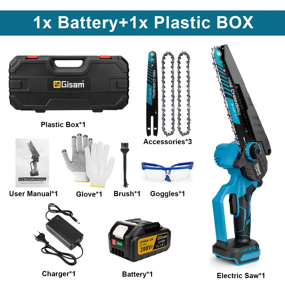 Gisam 8 Inch Brushless Electric Saw Cordless Handheld Garden Wood Logging Pruning Chainsaw Power Tools for Makita 18V Battery