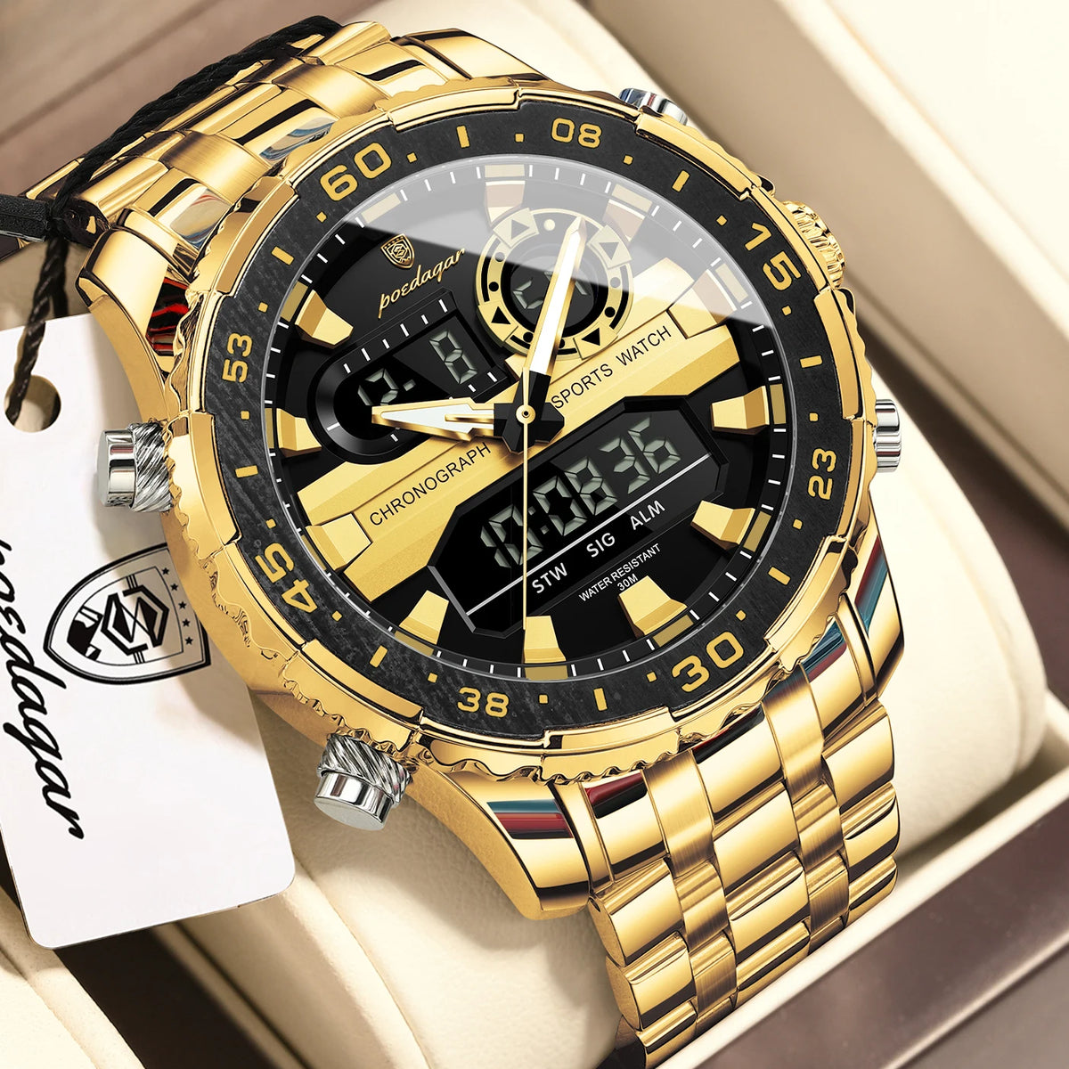 POEDAGAR Functional Electronic Man Wristwatch Week Date LED Luminous Oversized Fashion Quartz Men Watch Dual Time Digital Military Men's Watches Reloj