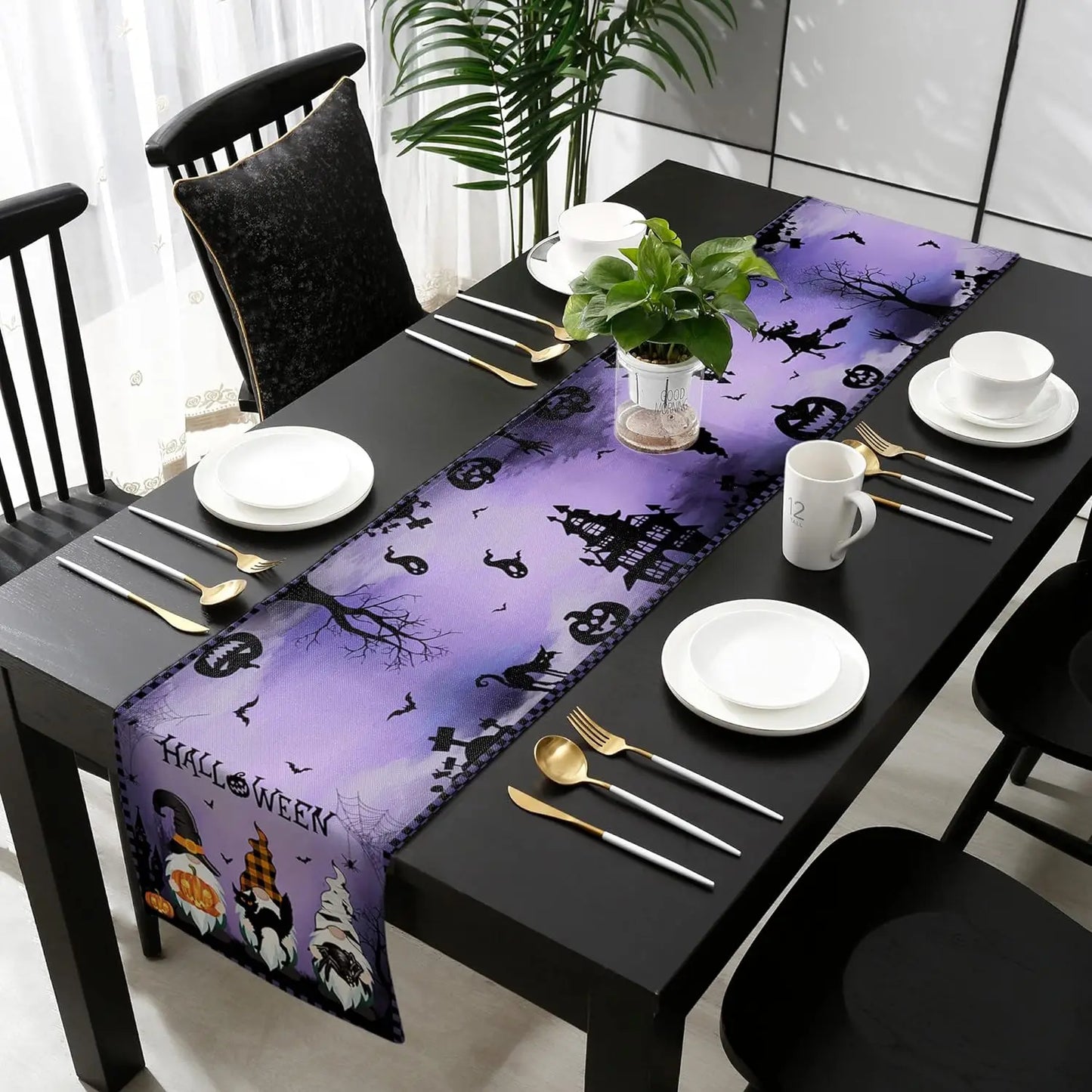 Halloween Gnome Pumpkin Linen Table Runners Black Cat Castle in Purple Spooky Nights Holiday Party Kitchen Dining Table Decor